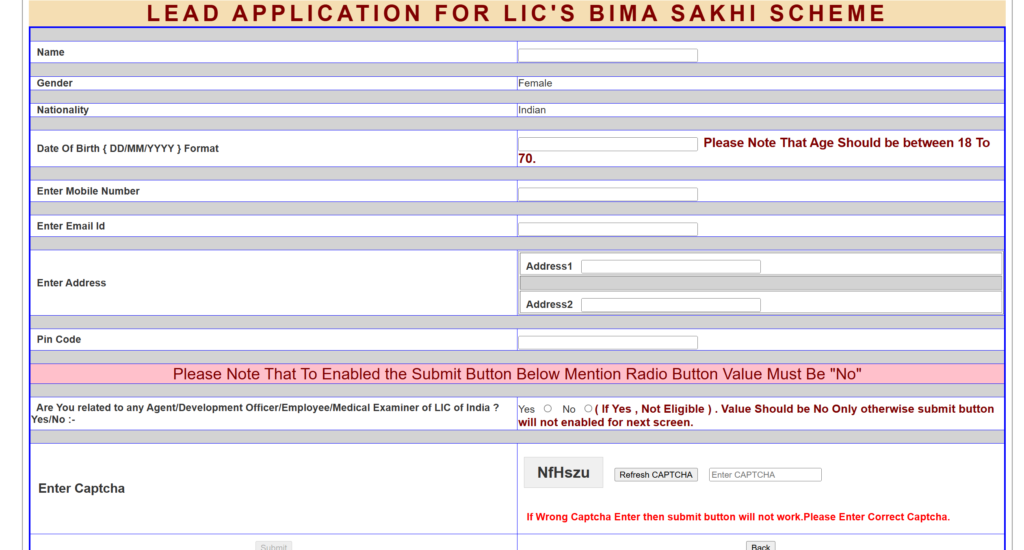 Online Registration Form Courtesy LIC Bima Sakhi Yojana